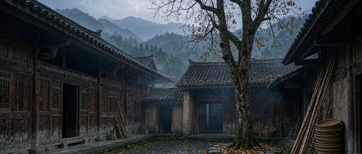 湘西土家老院子秋日清晨薄雾的插画，檐下无灯笼、竹匾靠墙（AI 绘制，非景区实景）